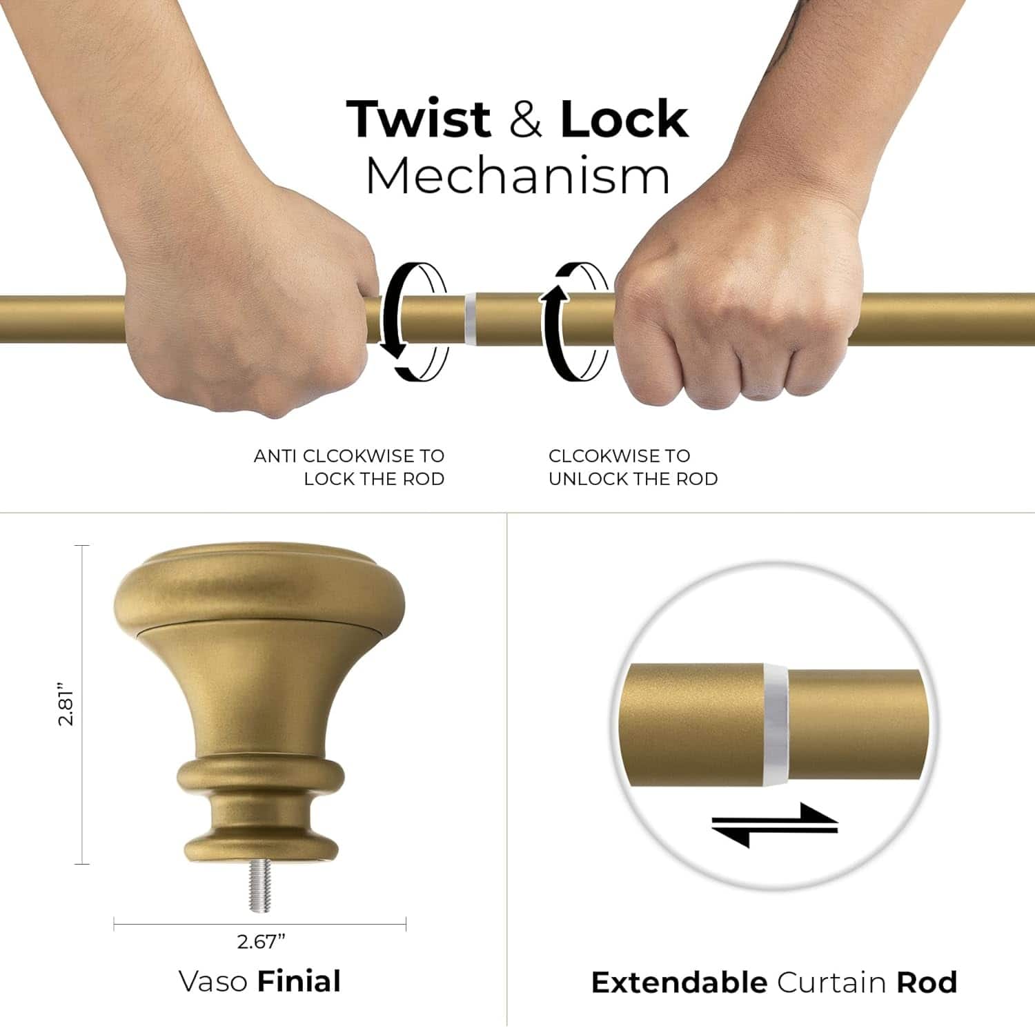 Deco Window Adjustable Curtain Rod 36 to 66 Inches for Doors Metal Pole